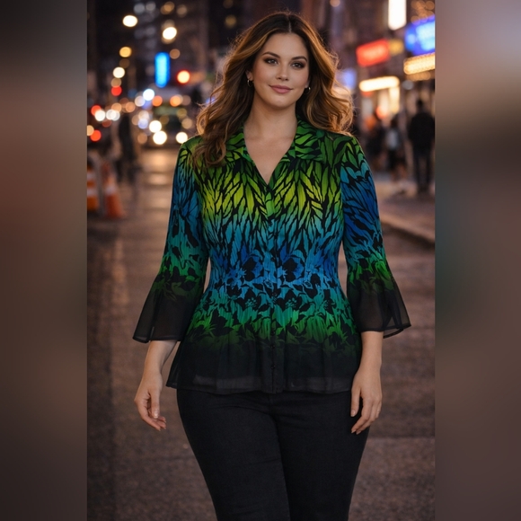 Sheer Chiffon Blouse Green Blue Ombre Floral Top Flowy Bell Sleeve Work to Weeke - Picture 2 of 11